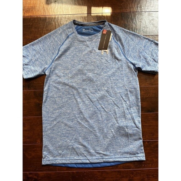 Under Armor Mens NWT Blue Thread Brown Heat Gear Short Sleeve Blue Shirt Sz M - Picture 1 of 5